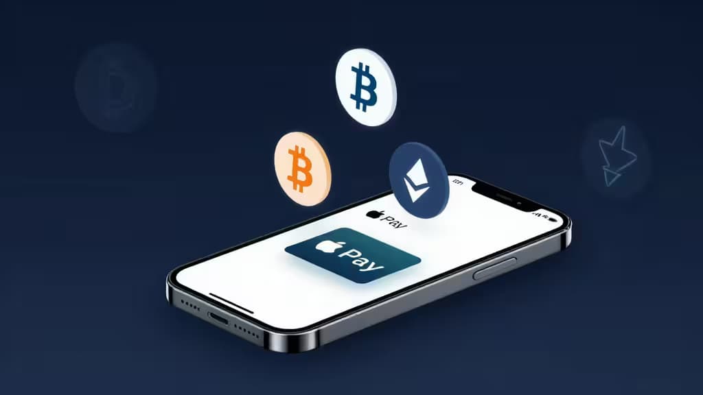 Floating crypto coins hover above an iPhone displaying Apple Pay on a dark blue background.