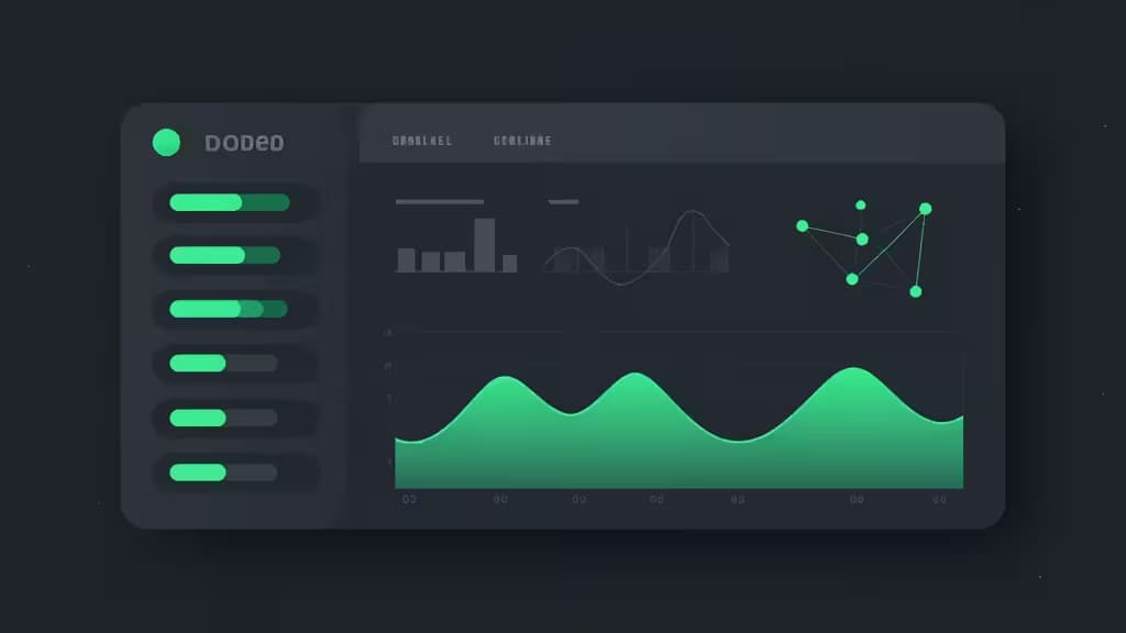 Dark dashboard displays green status bars, line graphs, and network nodes for server health monitoring.