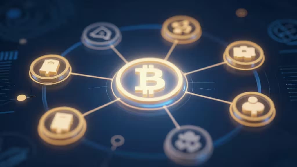 Glowing Bitcoin icon connects to digital wallet nodes in a futuristic blockchain network interface.