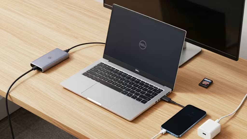 Silver USB-C hub connects to Dell XPS laptop on wood desk.