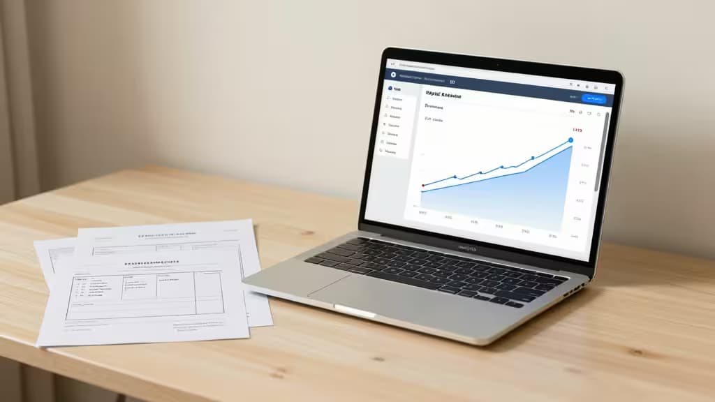 Abstract illustration of a freelancer's workspace with a laptop, invoices, and a digital banking dashboard showing rising savings growth.