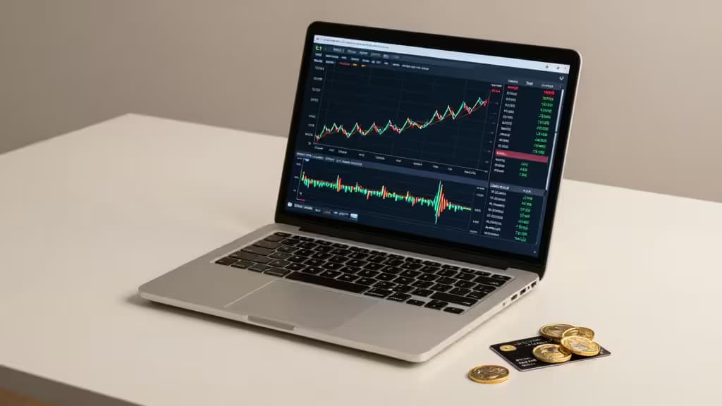 Laptop com gráficos de criptomoedas na tela ao lado de moedas de ouro e um cartão de crédito sobre uma mesa moderna