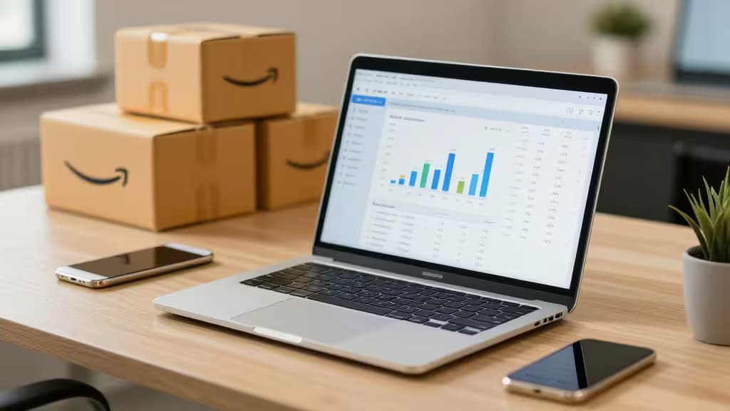 Laptop displays accounting software beside Amazon FBA boxes on wooden desk.