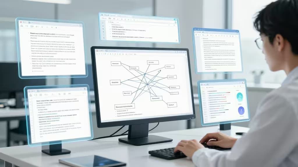 A researcher interacts with floating digital screens displaying research papers and citation networks.