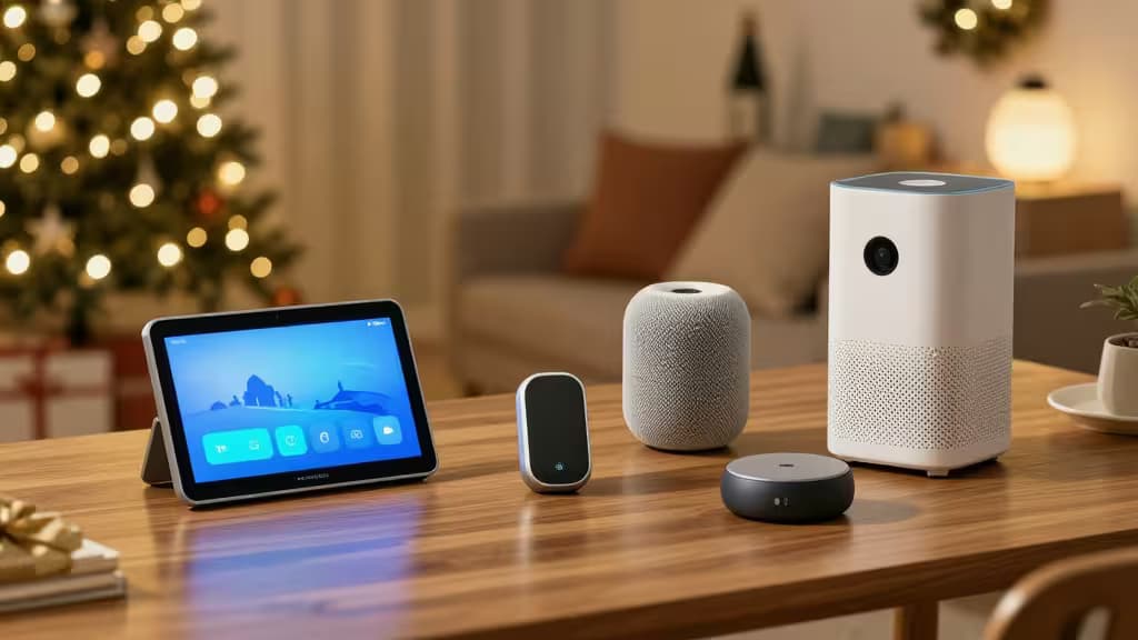 Smart devices on wooden table beside glowing Christmas tree, warm holiday ambiance.