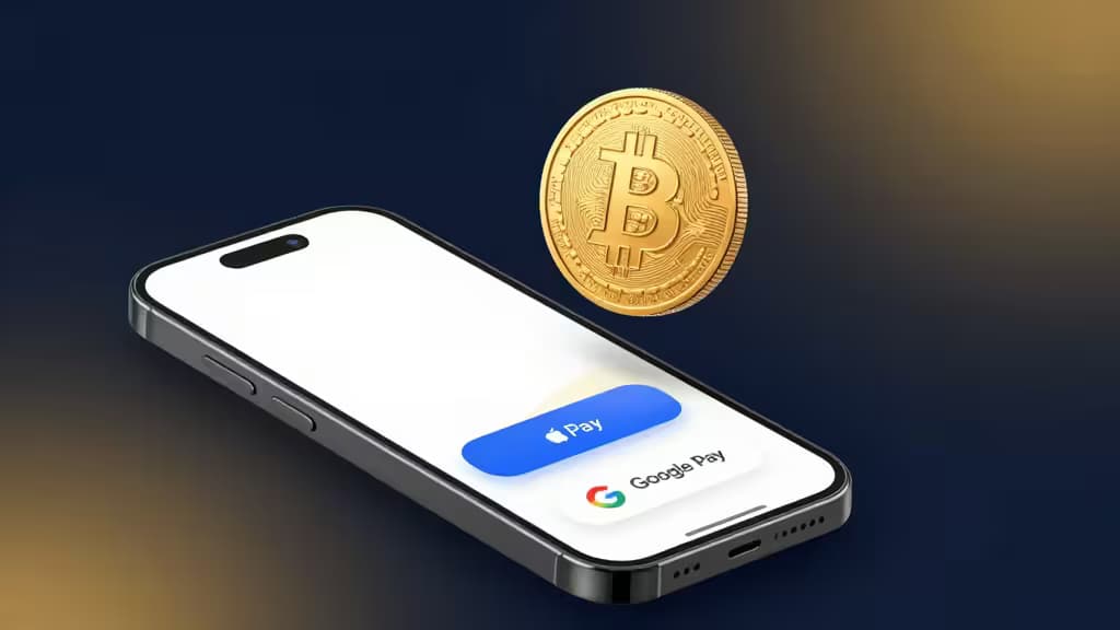 Смартфон с опциями Apple Pay и Google Pay и парящей монетой Bitcoin сверху — символ покупки криптовалюты через мобильные кошельки.