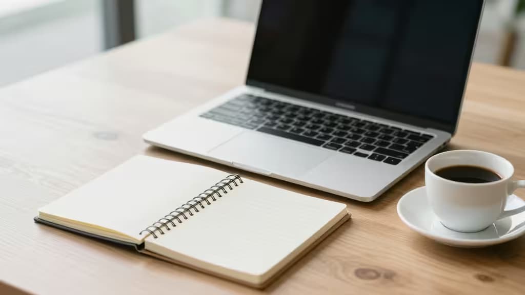 Silver laptop, spiral notebook, and coffee cup on light wood desk.