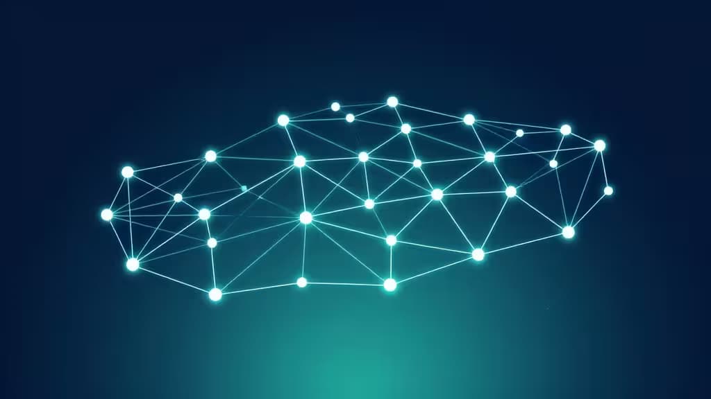 Abstracte voorstelling van een mesh-netwerktopologie met onderling verbonden gloeiende knooppunten die een beveiligd netwerk vormen