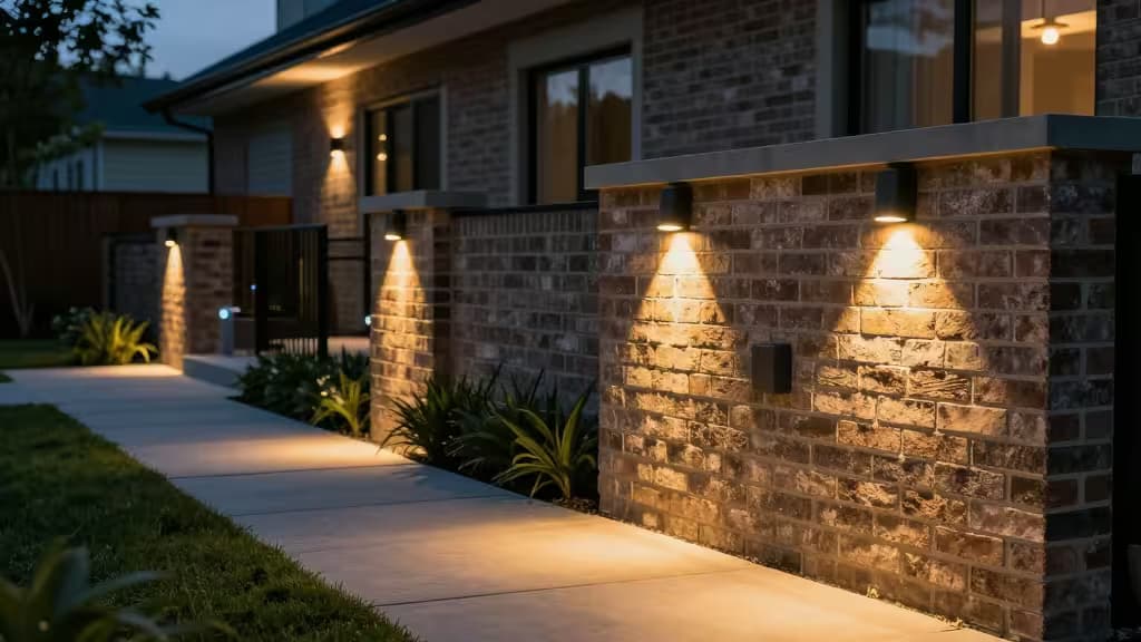 Smart LED wall lights illuminate brick facade and pathway at dusk.