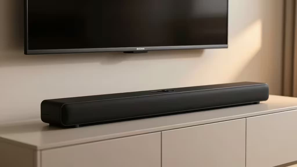 Moderne Soundbar auf einem TV-Möbel unter einem wandmontierten Flachbildfernseher mit warmem Umgebungslicht