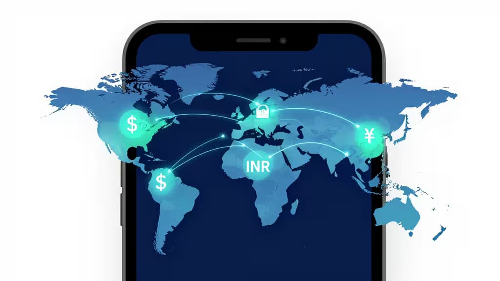 Smartphone displays glowing world map with currency symbols and transfer lines, symbolizing global fintech remittances.