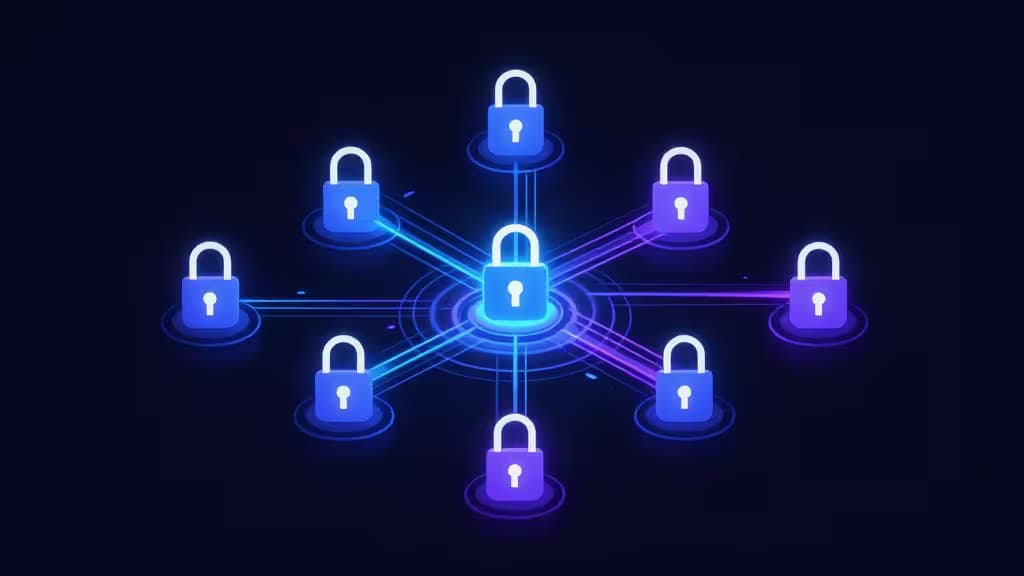Glowing padlocks connected by neon lines on dark background, symbolizing secure Kubernetes secrets management.