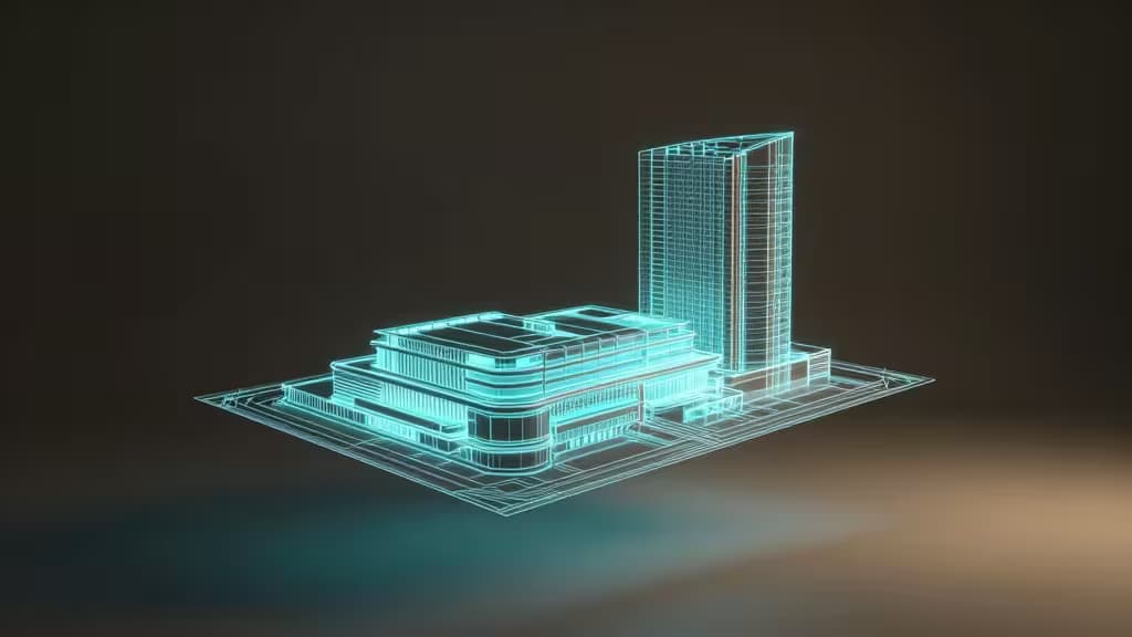 A glowing cyan wireframe model of a modern building complex floats against a dark background.
