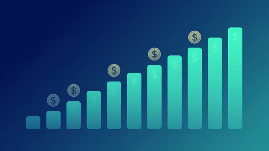Ascending teal bar chart with dollar coins symbolizes steady crypto investment growth over time.