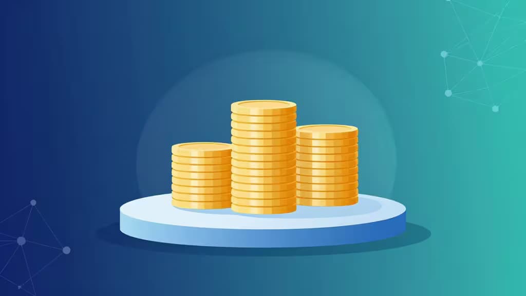Three golden coin stacks rise on a blue platform against a teal gradient, symbolizing growing stablecoin interest earnings across CeFi and DeFi platforms in 2026.