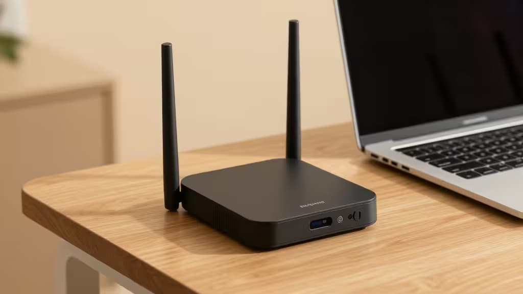 Black TP-Link travel router with two antennas sits on a light wood desk beside a silver laptop.