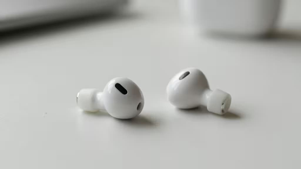White wireless earbuds rest on a clean surface, showcasing compact design for small ears.