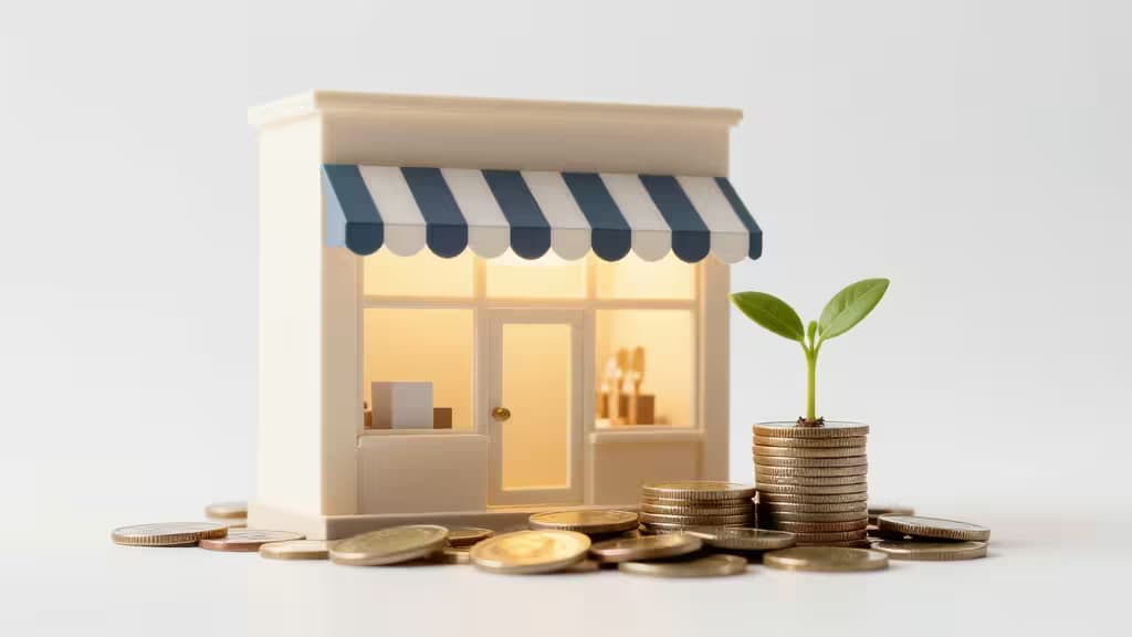 A small green plant growing from a stack of golden coins, symbolizing business savings growth and compound interest