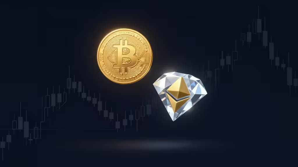 Golden Bitcoin coin and diamond-encased Ethereum logo float above a rising candlestick chart on dark blue background.