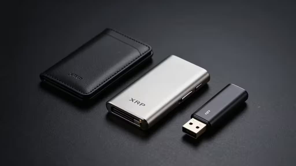 Three XRP-branded hardware wallets—leather case, metallic device, USB stick—on dark surface.