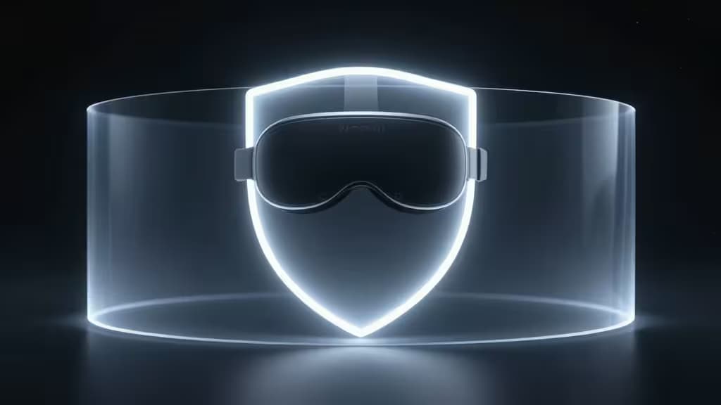 Abstrakte Darstellung eines leuchtenden VPN-Schutzschildes in einer dunklen immersiven Spatial-Computing-Umgebung mit weichem volumetrischem Licht.