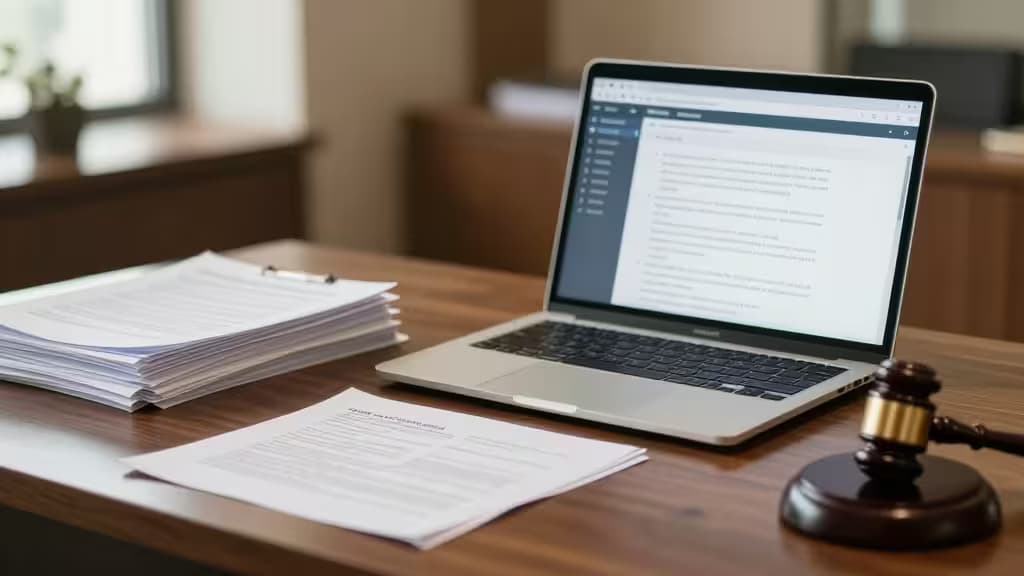 Laptop displays contract review software beside stacked documents and a gavel on polished wood desk.