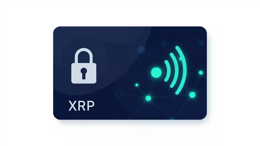 Dark blue XRP hardware wallet card displays a white padlock and glowing cyan NFC symbol against a networked background.