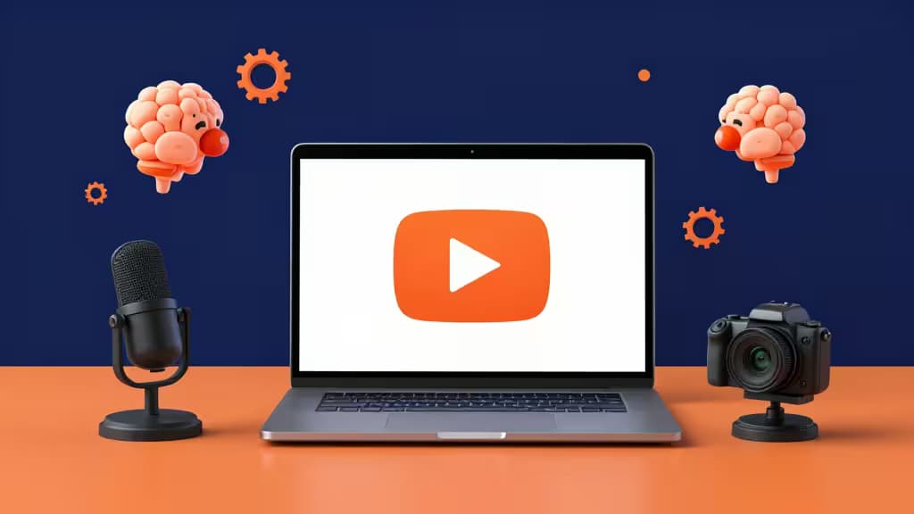 Laptop avec logo YouTube, flanqué d'un micro et d'une caméra, entouré de cerveaux et d'engrenages flottants représentant l'intelligence artificielle