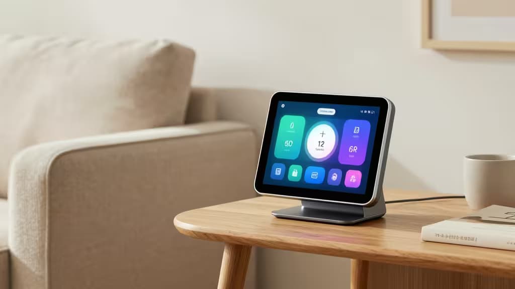 Un Google Nest Hub affiche un tableau de bord domotique sur une table d'appoint en bois à côté d'un canapé beige.