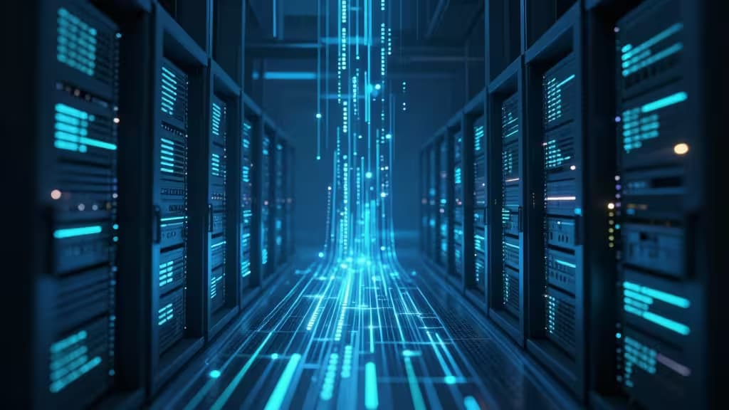 Glowing blue data streams flow between server racks, symbolizing real-time analytics processing in a modern data center.