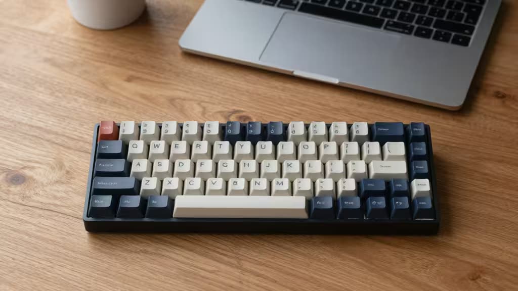 Low-profile mechanical keyboard with cream and dark keys sits on wooden desk beside silver MacBook.