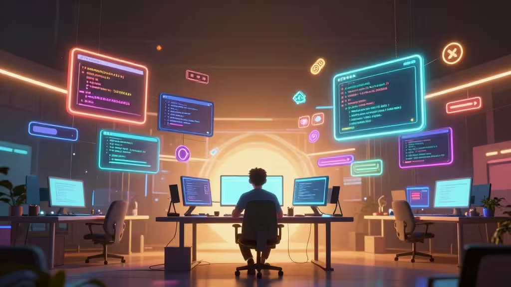 A lone developer sits at a desk, surrounded by glowing holographic AI interfaces displaying code and game assets.