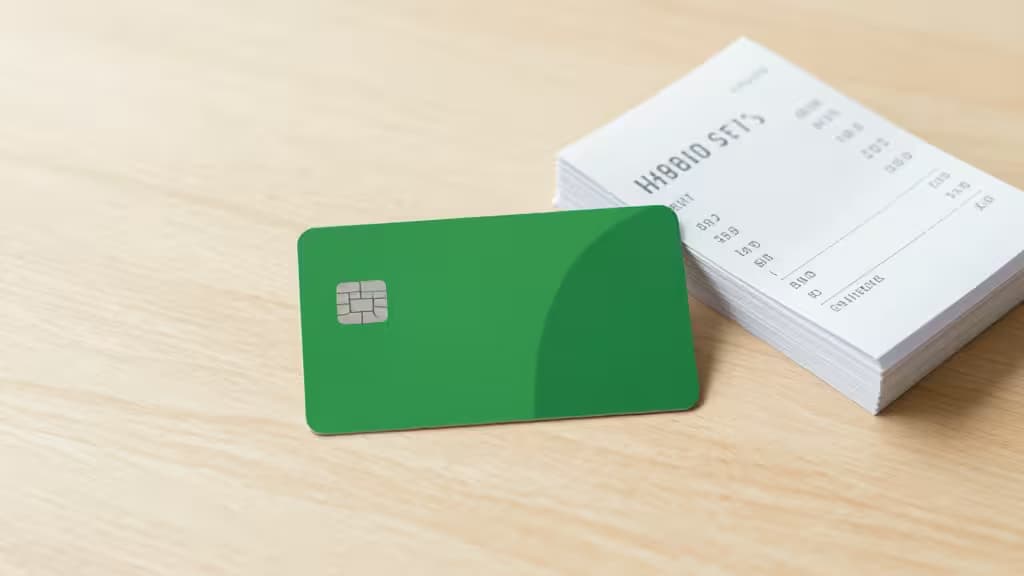 Carte de crédit verte posée à côté de reçus empilés sur un bureau en bois clair, symbolisant le suivi des dépenses pour la gestion financière d'une organisation à but non lucratif.