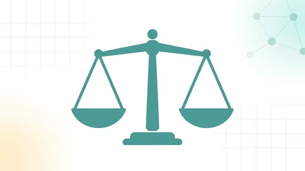 Teal balance scale icon on white grid background with network nodes, symbolizing fair nonprofit fund tracking.