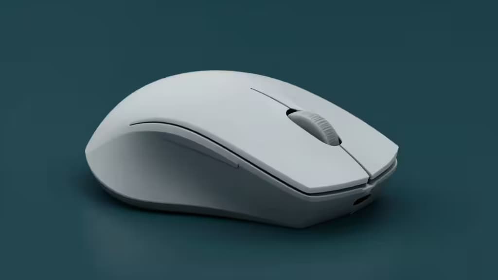 Mouse verticale ergonomico in posizione handshake su sfondo teal scuro, stile fotografico minimalista.