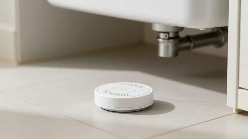 White circular plastic leak detector rests on beige tile beneath a white sink with chrome plumbing.