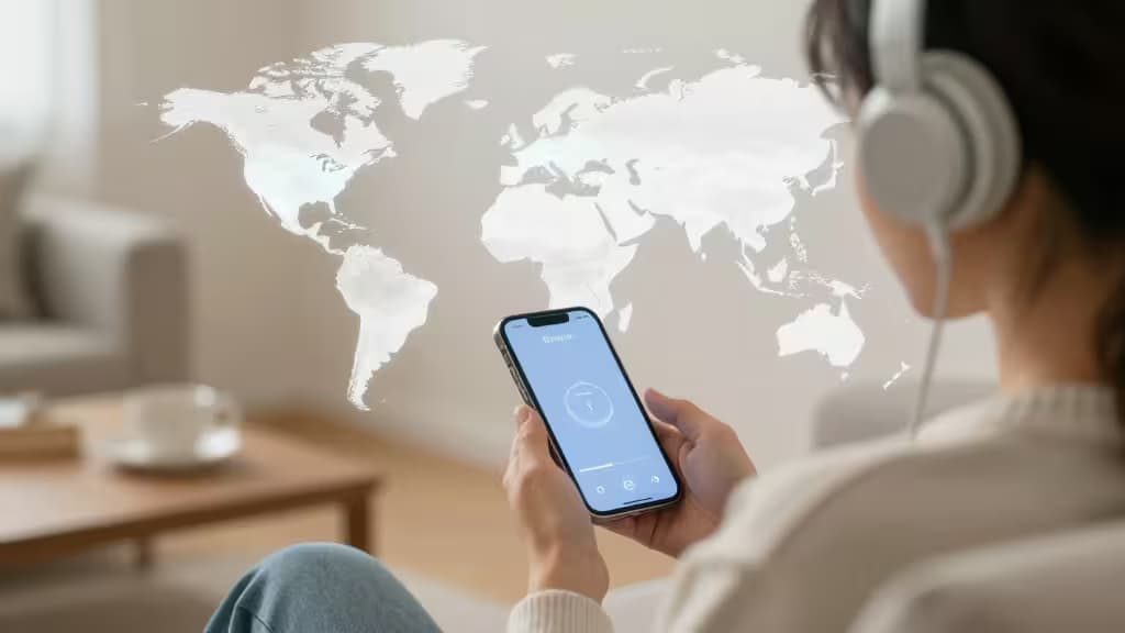 Person with headphones holds smartphone displaying Spotify, overlaid with world map.