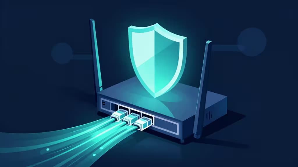 Glowing cyan shield hovers above a dark router with three Ethernet cables emitting light streams, symbolizing secure home network protection.
