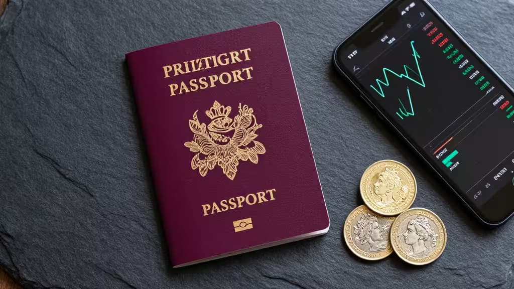Maroon passport, gold coins, and smartphone displaying crypto charts on slate surface.