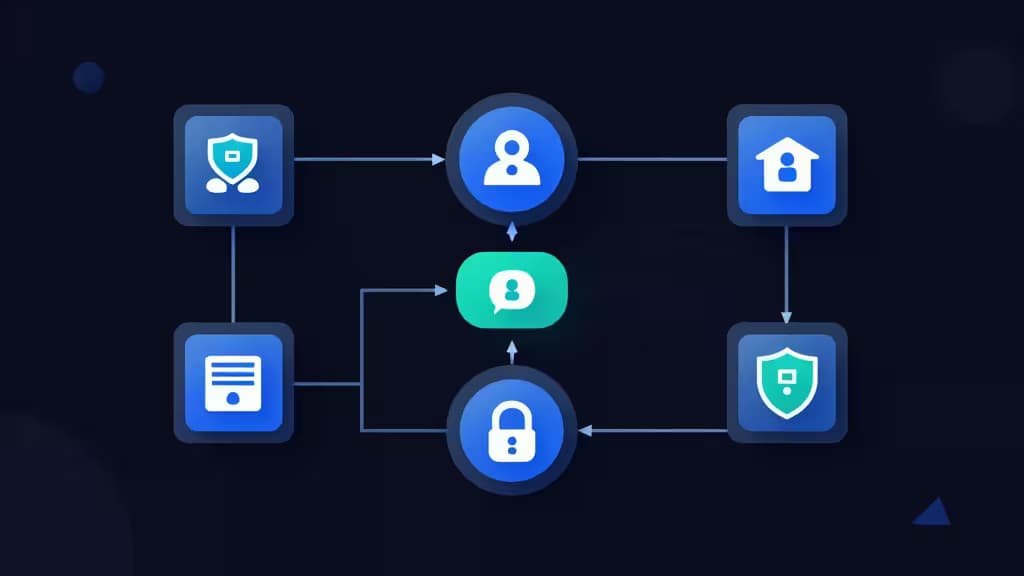 Abstract illustration of a developer portal dashboard with interconnected service nodes, pipeline flows, and security shield icons in cool blue and teal tones on a dark background.