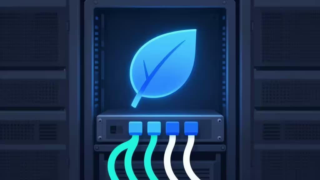A glowing blue leaf icon hovers above a server rack with four connected cables, symbolizing eco-friendly MongoDB Atlas backups.