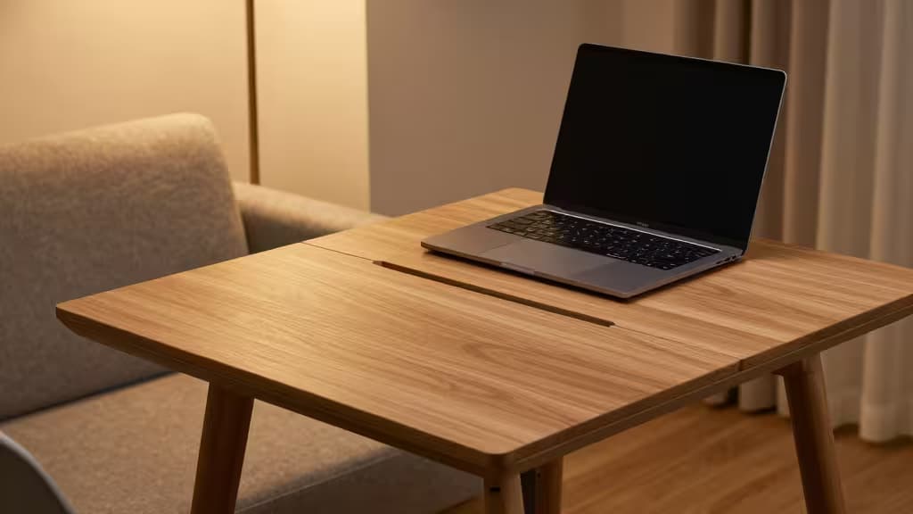 Un laptop argenté repose sur une planche d'ordinateur en bois clair posée sur un canapé beige.