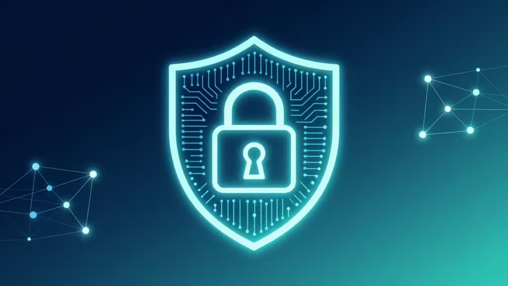 Glowing cyan shield with circuit patterns and padlock, flanked by network nodes on a gradient blue-green background.