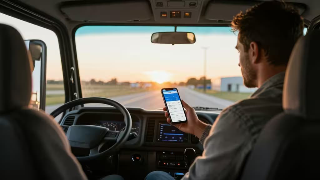 Truck driver checks mobile banking app while driving at sunset.