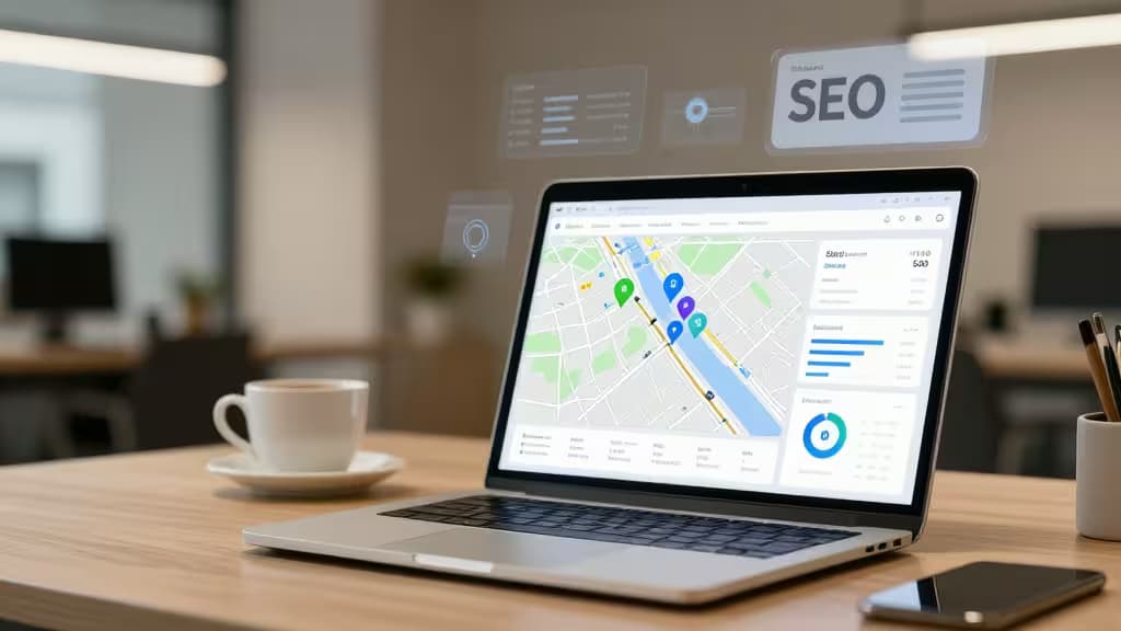 Laptop displays local SEO map and analytics dashboard on wooden desk with coffee cup.