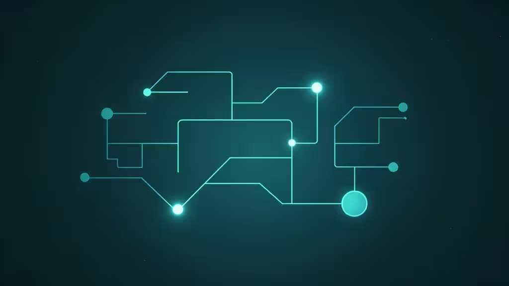 Abstrakte Illustration vernetzter KI-Agent-Knotenpunkte und Automatisierungs-Pfade auf dunklem Hintergrund