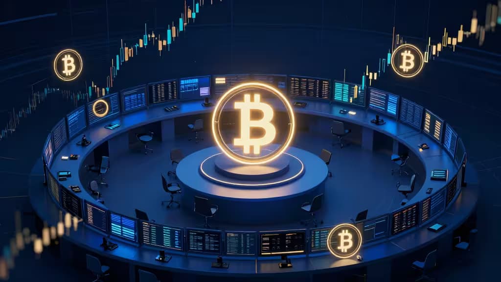 Świecący symbol Bitcoina na futurystycznej podłodze giełdowej z unoszącymi się wykresami i błyszczącymi monetami, symbolizujący konkurencję giełd krypto w 2026 roku.