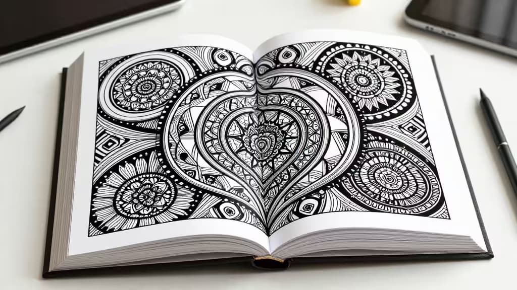 Libro para colorear abierto con patrones de line art en blanco y negro emergiendo de sus páginas, rodeado de herramientas digitales de creación, estética editorial.