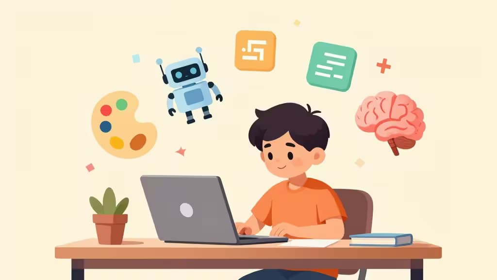Niño usa laptop con íconos de IA, arte y cerebro flotando alrededor.