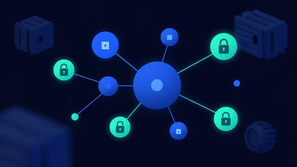 Blue network nodes with padlock icons symbolize secure Kubernetes secrets management for small teams.